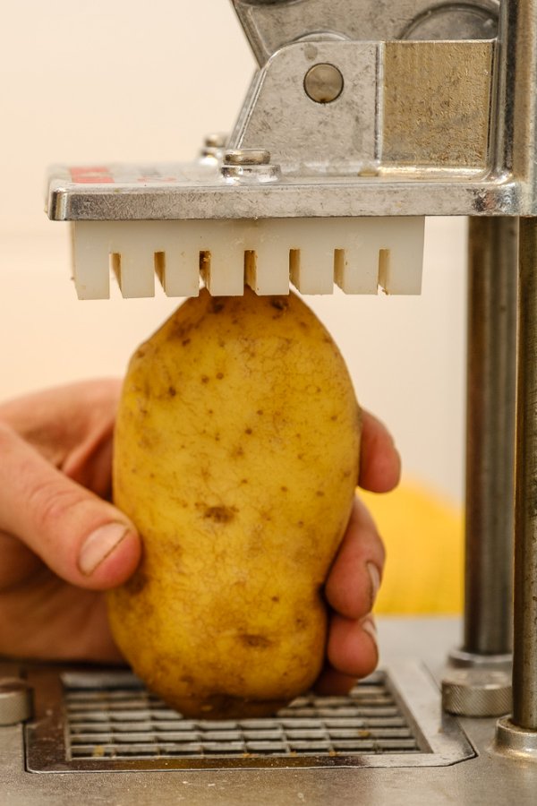 Giomara uit Zandvoort snijdt een Agria aardappel met een handmatige frietsnijder.